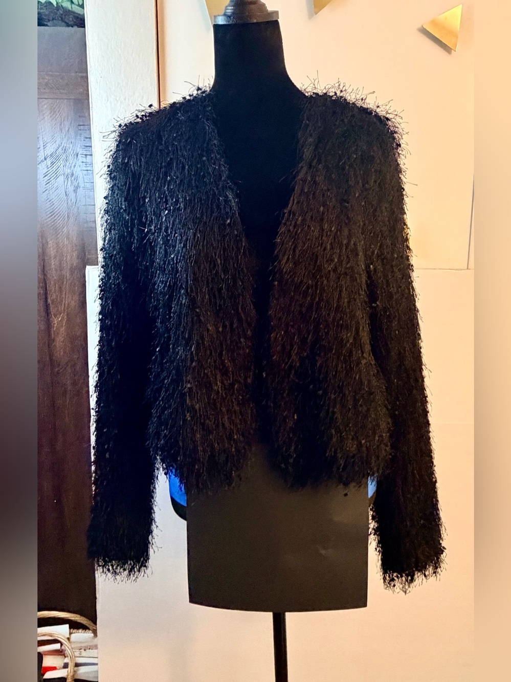 Forever 21 Open Front Black Eyelash Fringe Shaggy Jacket Large